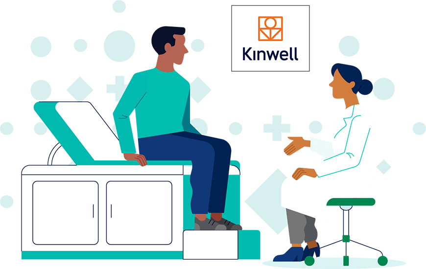 Graphic illustration of a man speaking with his doctor, with a Kinwell logo in the background